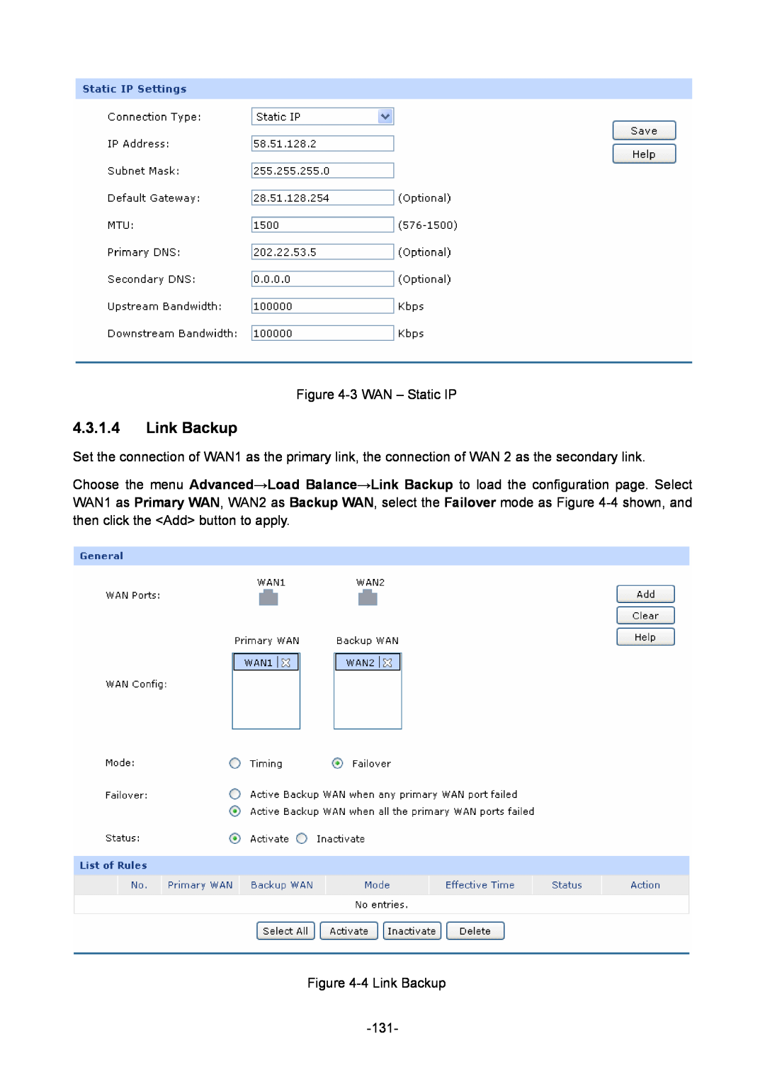 TP-Link TL-ER6120 manual 3 WAN - Static IP, 4 Link Backup 131 