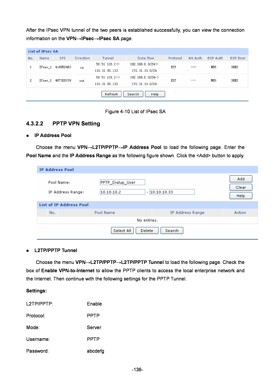 TP-Link TL-ER6120 manual PPTP VPN Setting, z IP Address Pool, z L2TP/PPTP Tunnel, Settings 