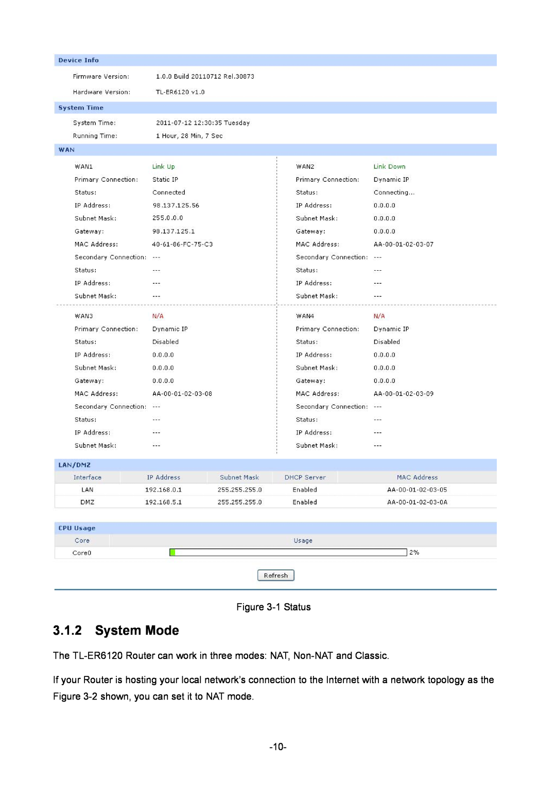 TP-Link manual System Mode, 1 Status, The TL-ER6120 Router can work in three modes NAT, Non-NAT and Classic 