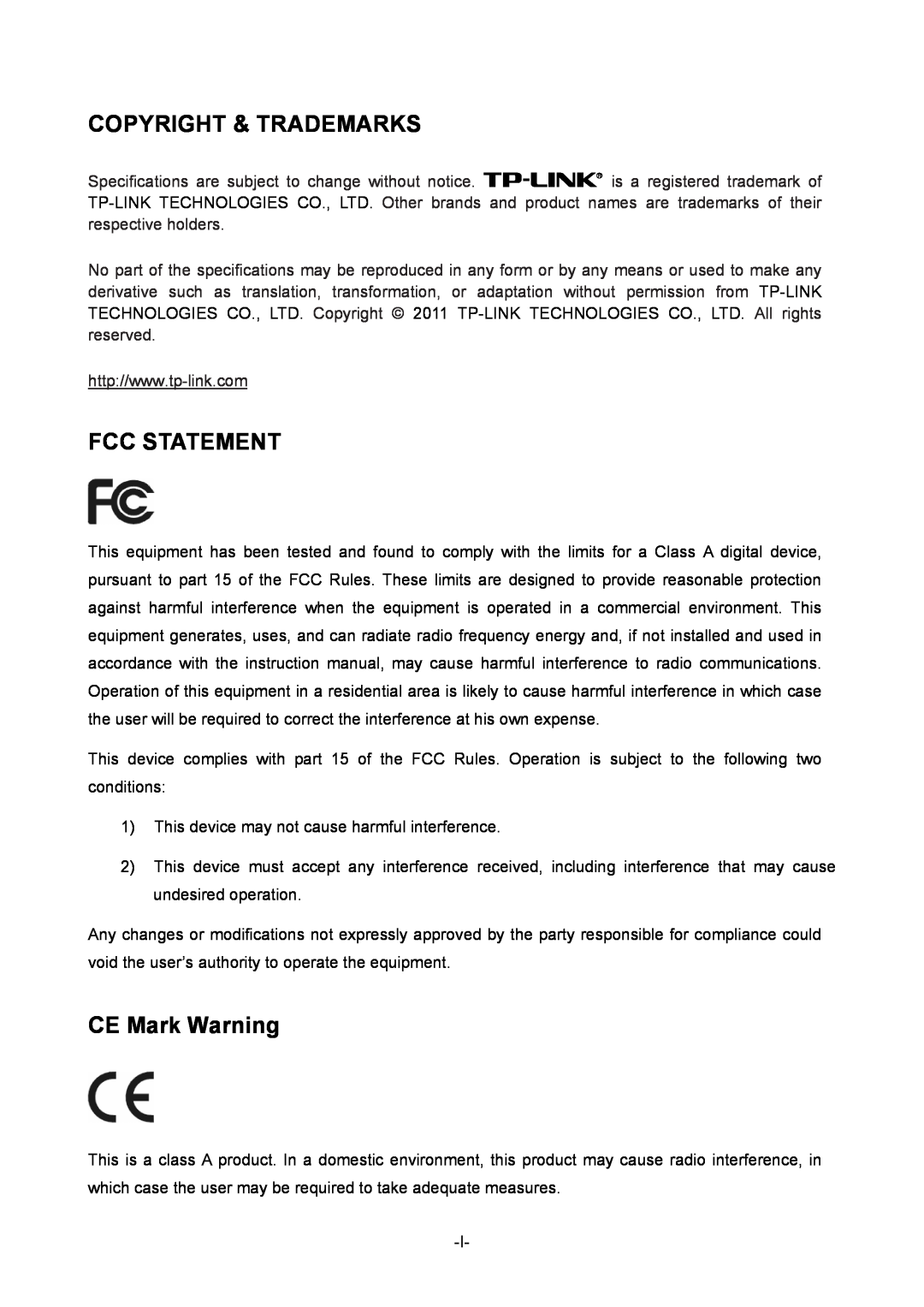 TP-Link TL-ER6120 manual Copyright & Trademarks, Fcc Statement, CE Mark Warning 