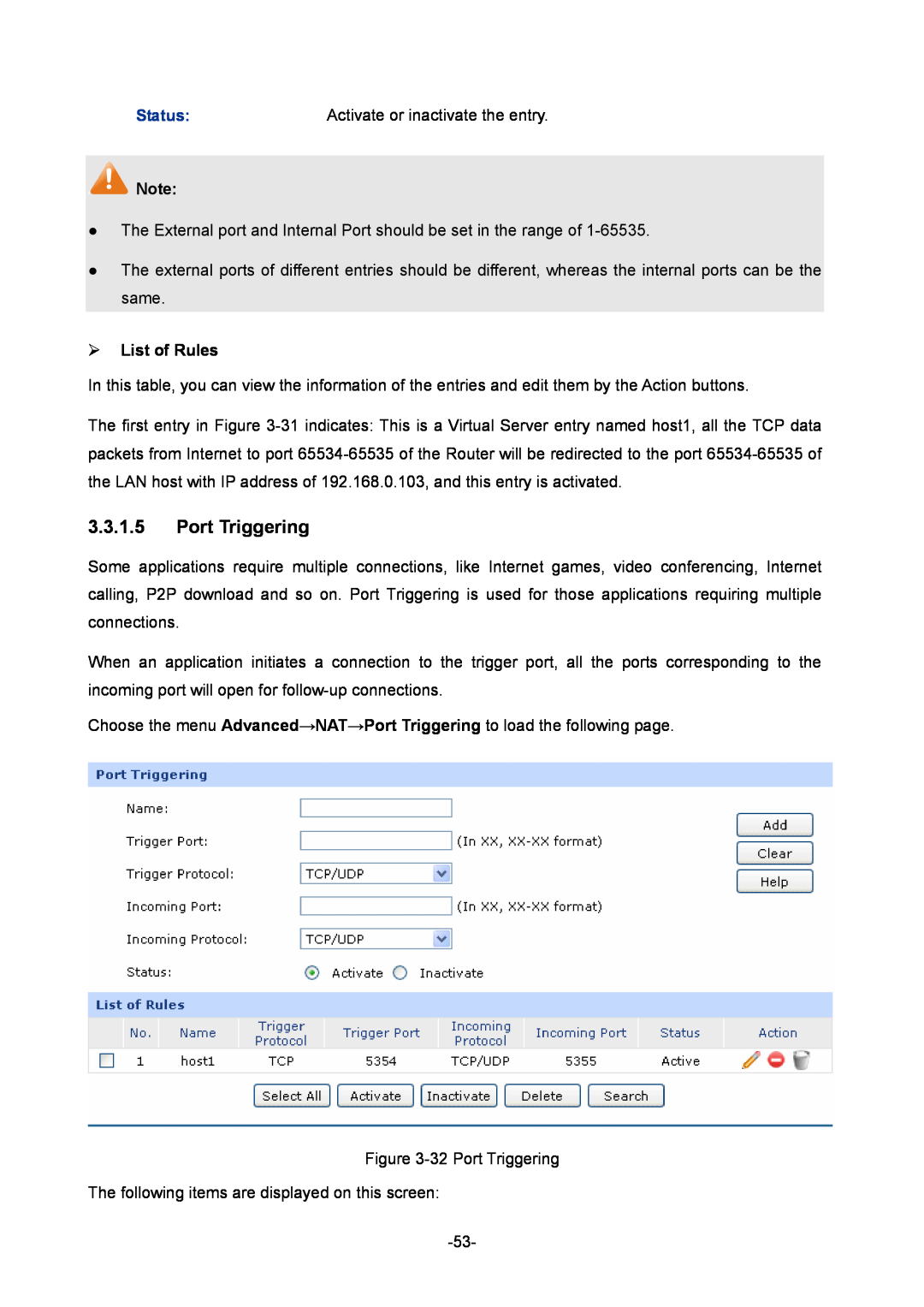TP-Link TL-ER6120 manual Port Triggering, ¾ List of Rules 