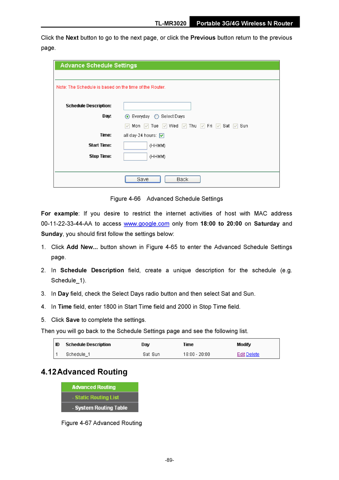 TP-Link TL-MR3020 manual 12Advanced Routing 