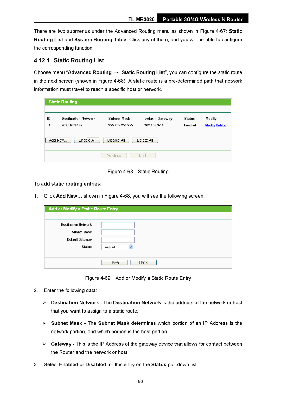 TP-Link TL-MR3020 manual Static Routing List, To add static routing entries 