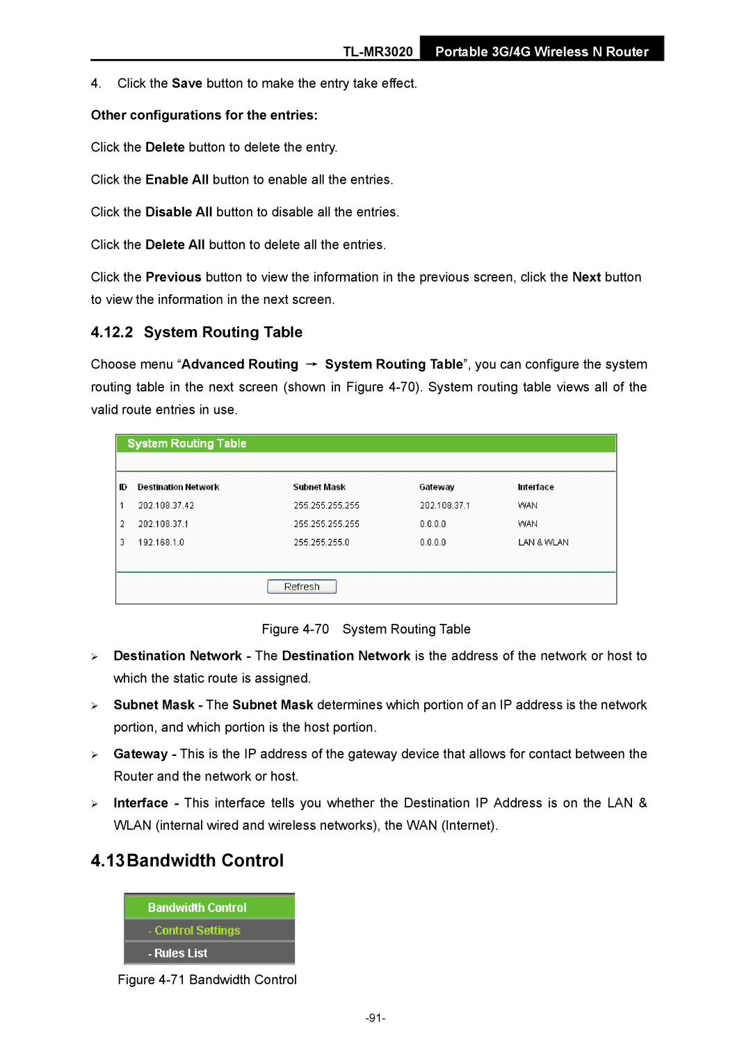 TP-Link TL-MR3020 manual 13Bandwidth Control, System Routing Table, Other configurations for the entries 