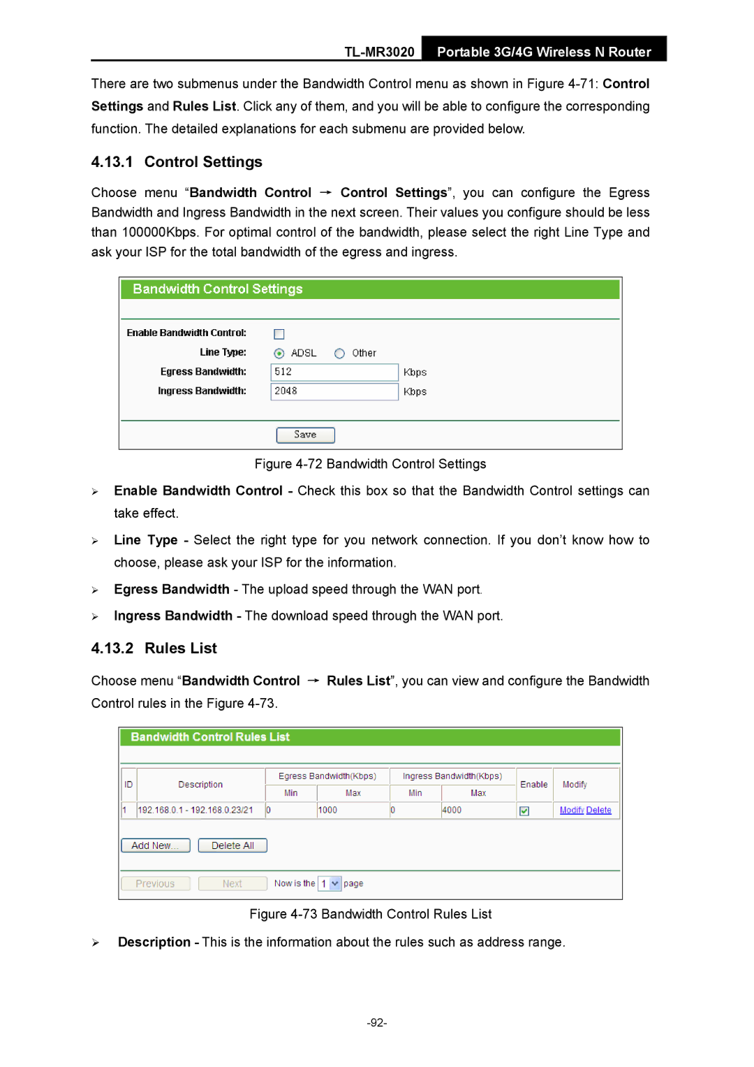 TP-Link TL-MR3020 manual Control Settings, Rules List 