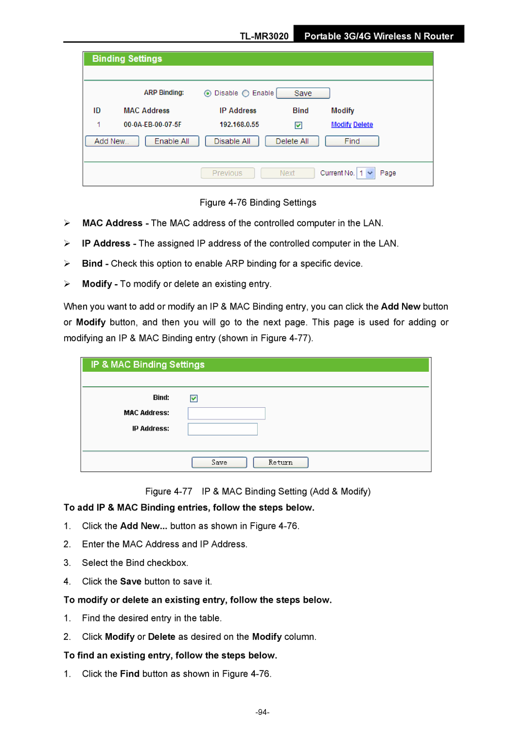 TP-Link TL-MR3020 manual To add IP & MAC Binding entries, follow the steps below 