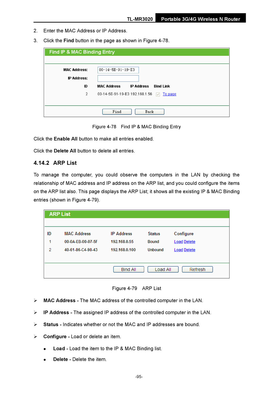 TP-Link TL-MR3020 manual ARP List, Find IP & MAC Binding Entry 