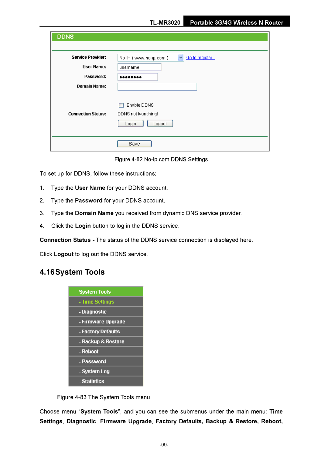 TP-Link TL-MR3020 manual 16System Tools, The System Tools menu 