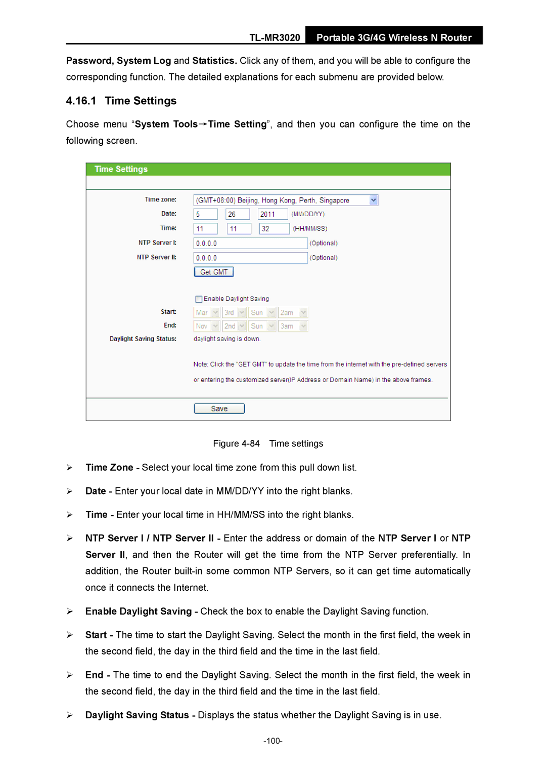 TP-Link TL-MR3020 manual Time Settings, Time settings 