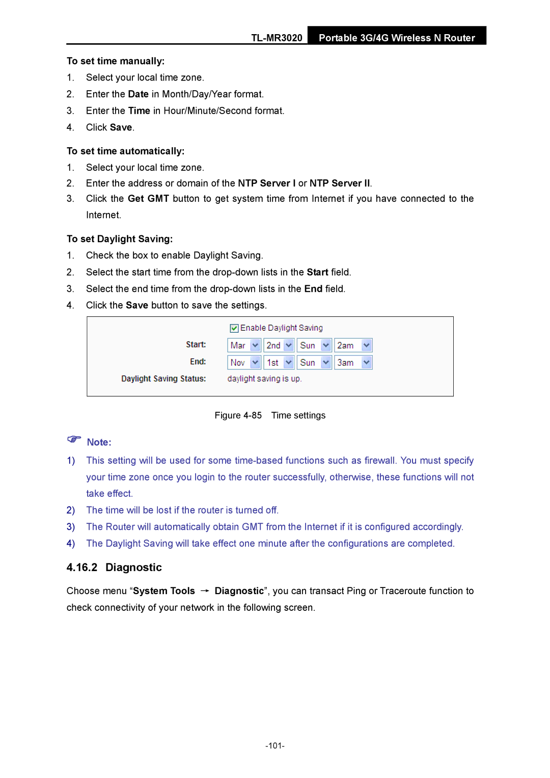 TP-Link TL-MR3020 Diagnostic, To set time manually, To set time automatically, To set Daylight Saving 