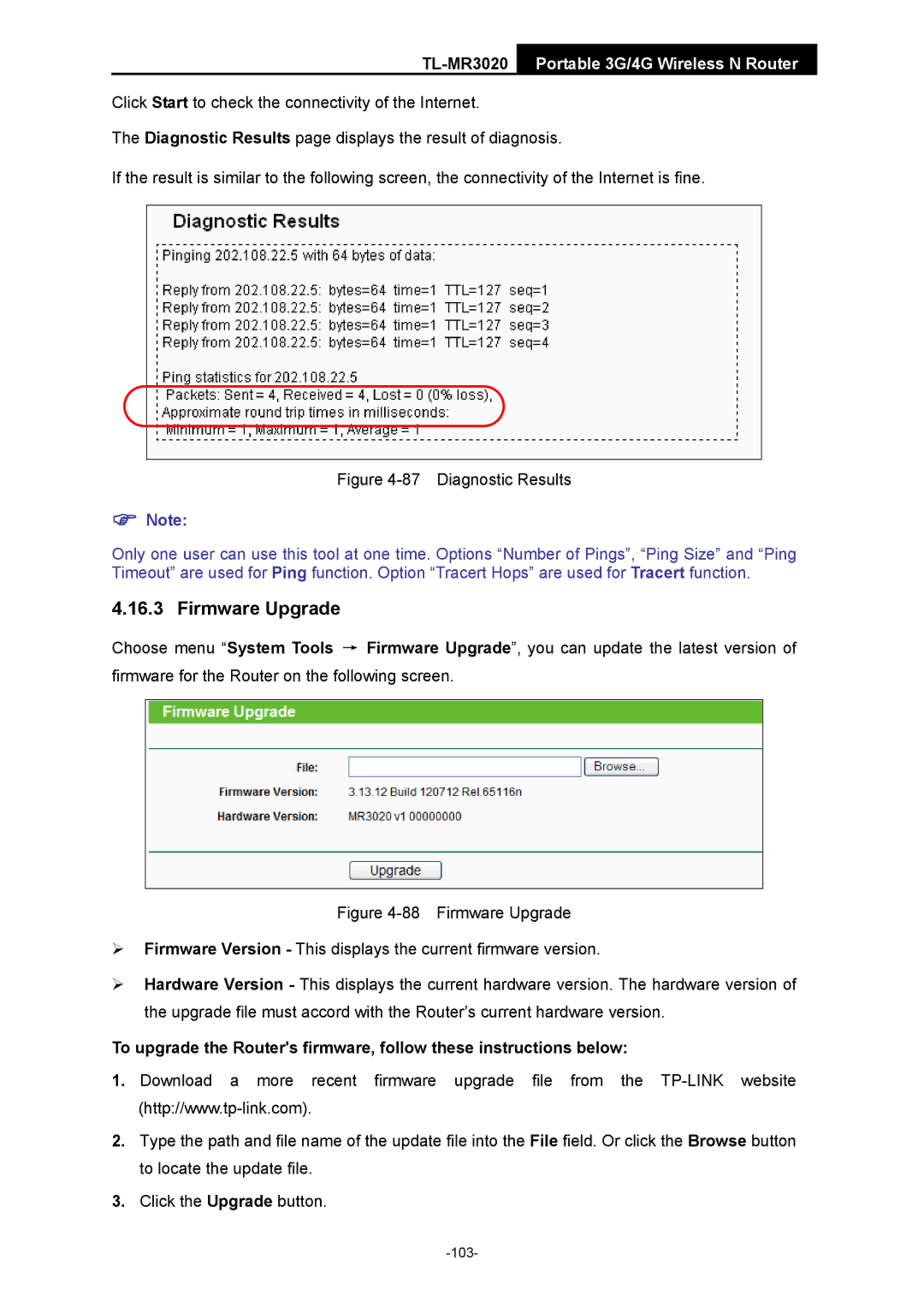 TP-Link TL-MR3020 manual Firmware Upgrade, Diagnostic Results 