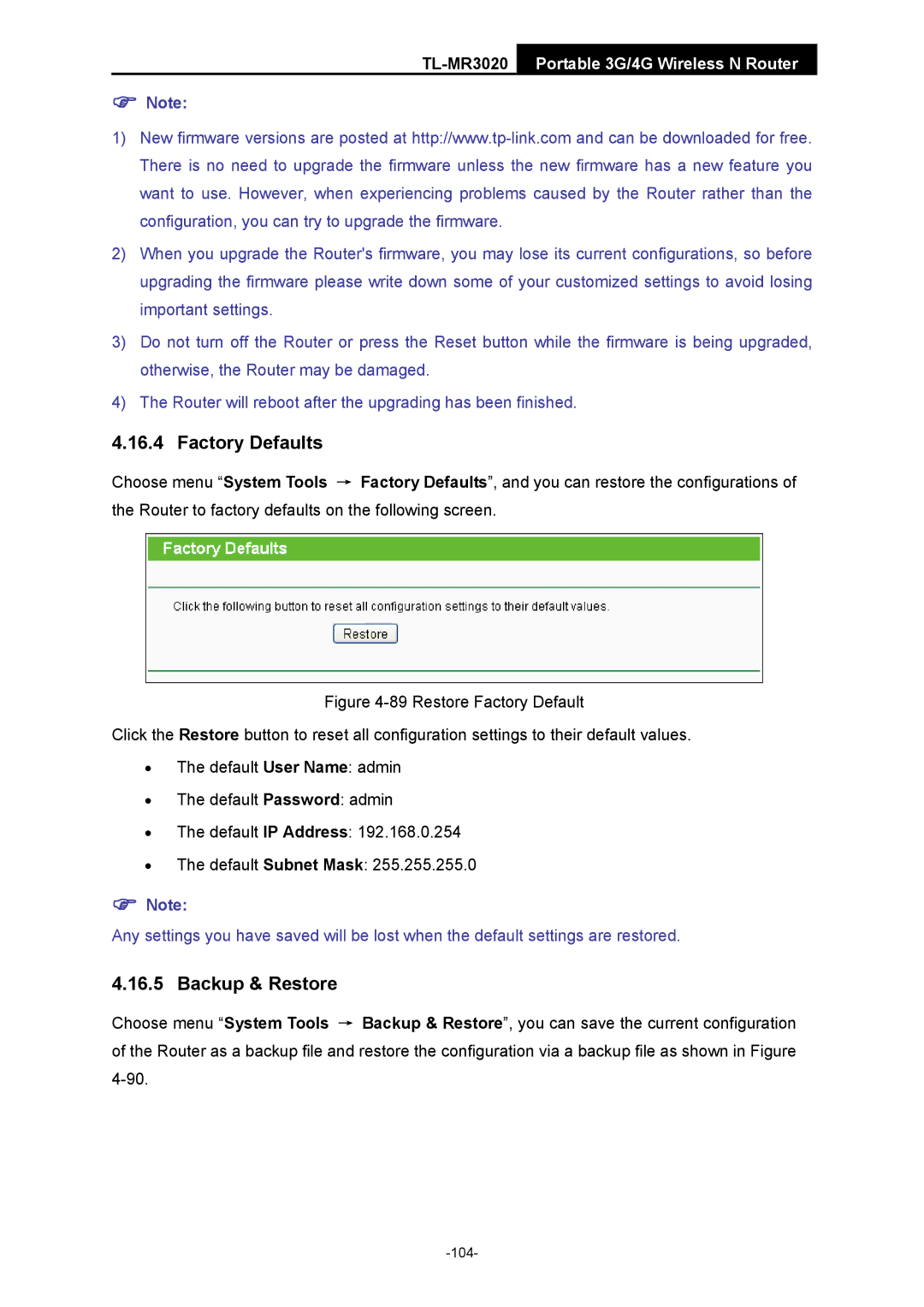 TP-Link TL-MR3020 manual Factory Defaults, Backup & Restore 