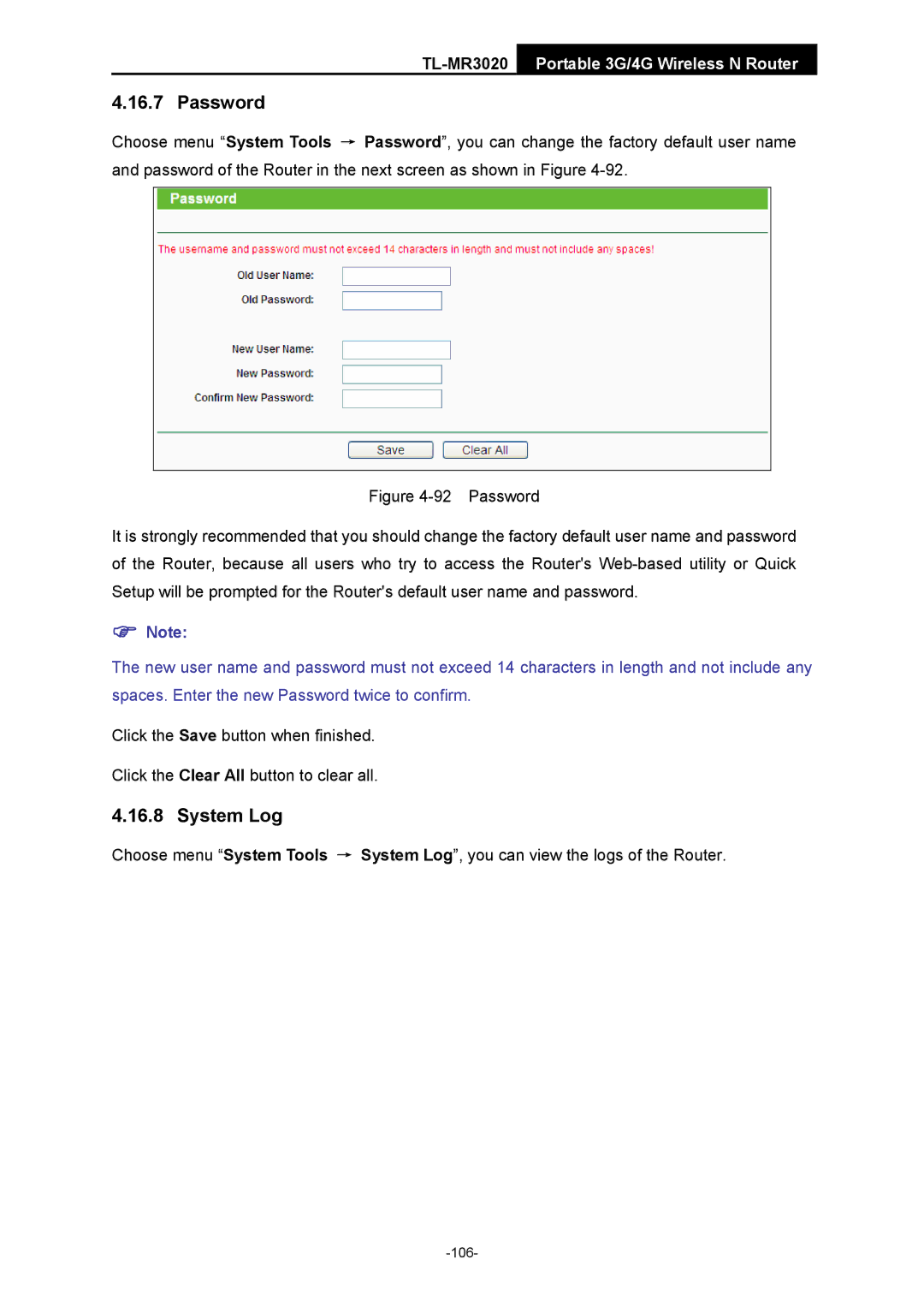 TP-Link TL-MR3020 manual Password, System Log 