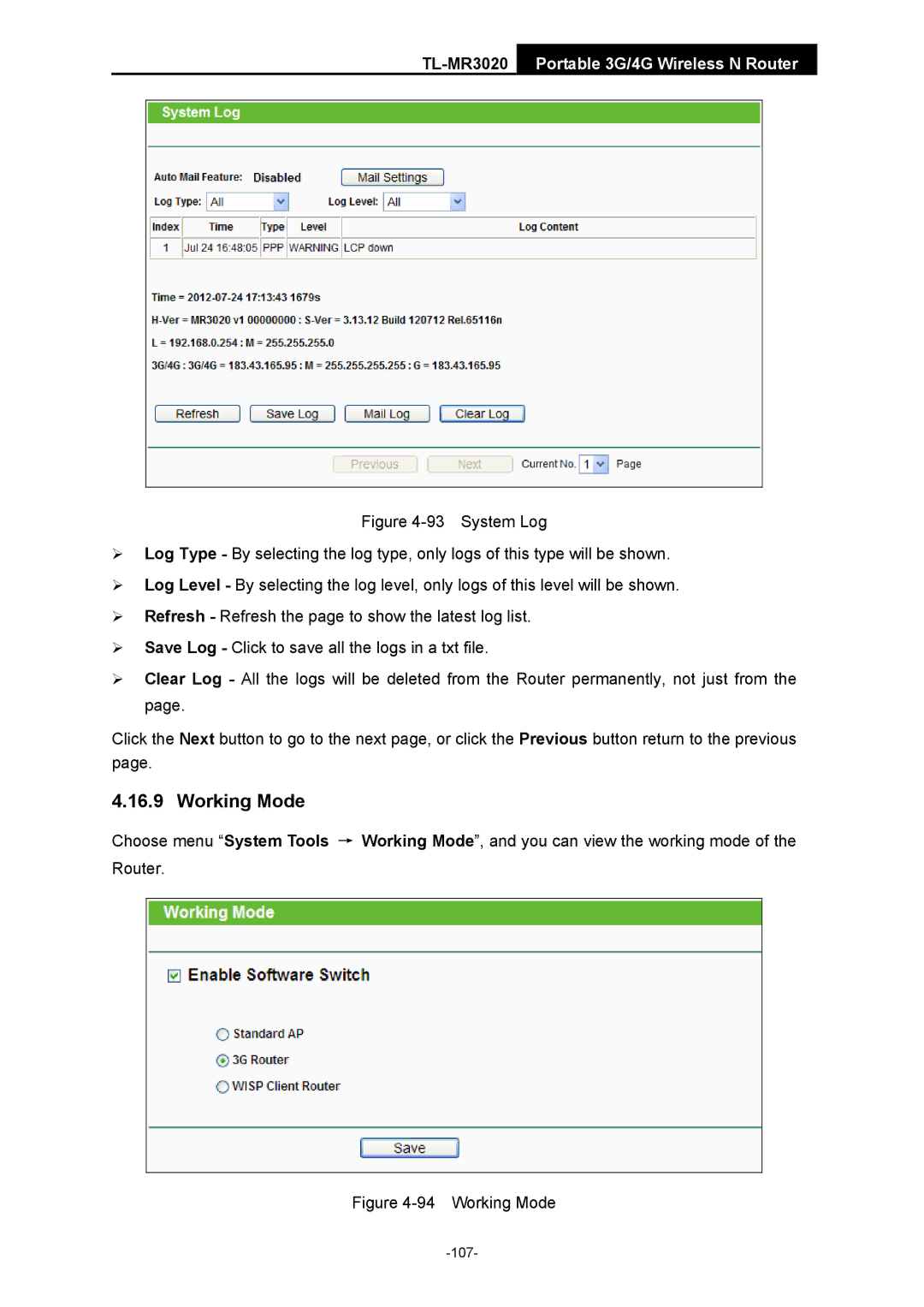 TP-Link TL-MR3020 manual Working Mode 