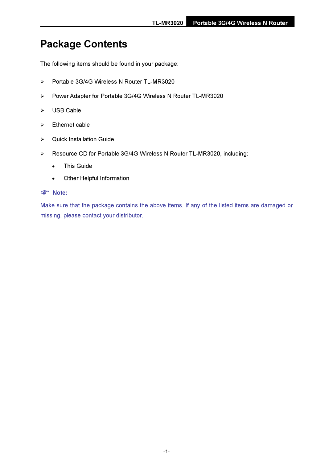 TP-Link TL-MR3020 manual Package Contents 