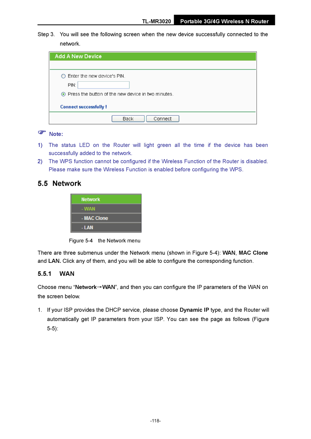 TP-Link TL-MR3020 manual 1 WAN, Network menu 