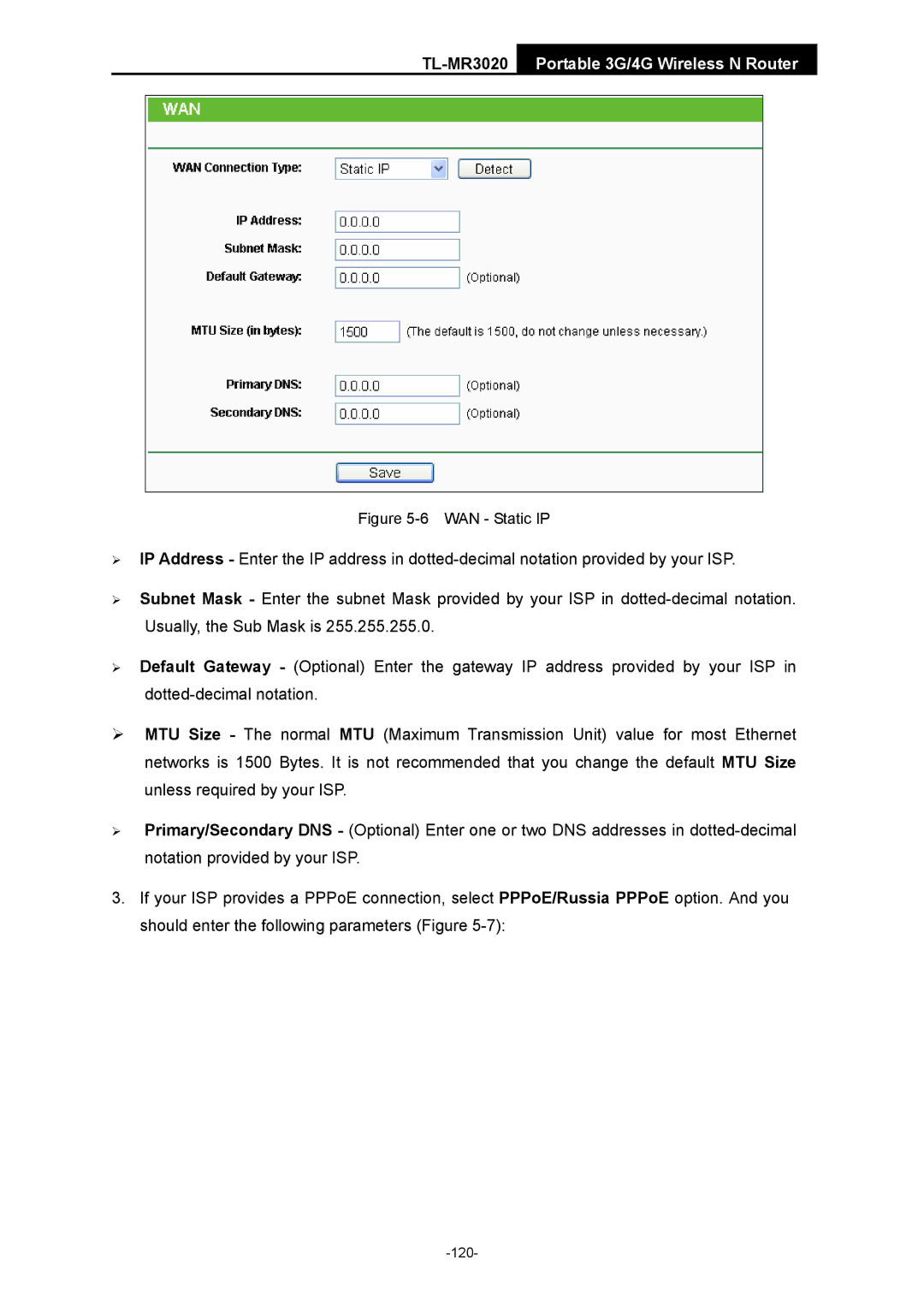 TP-Link TL-MR3020 manual WAN Static IP 