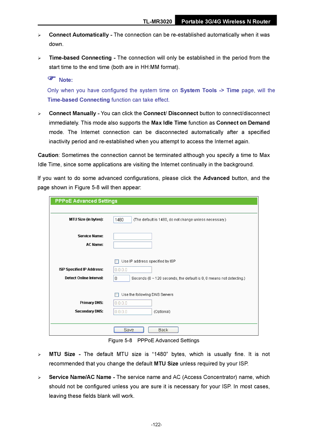 TP-Link TL-MR3020 manual PPPoE Advanced Settings 