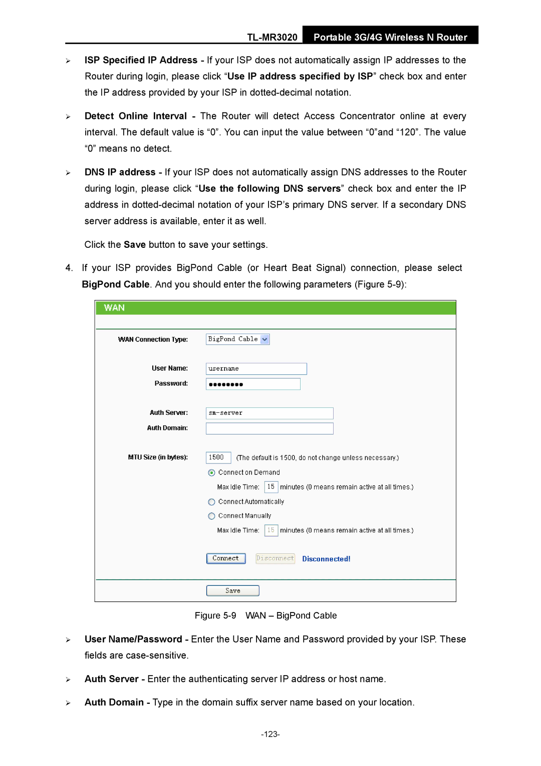 TP-Link TL-MR3020 manual WAN BigPond Cable 