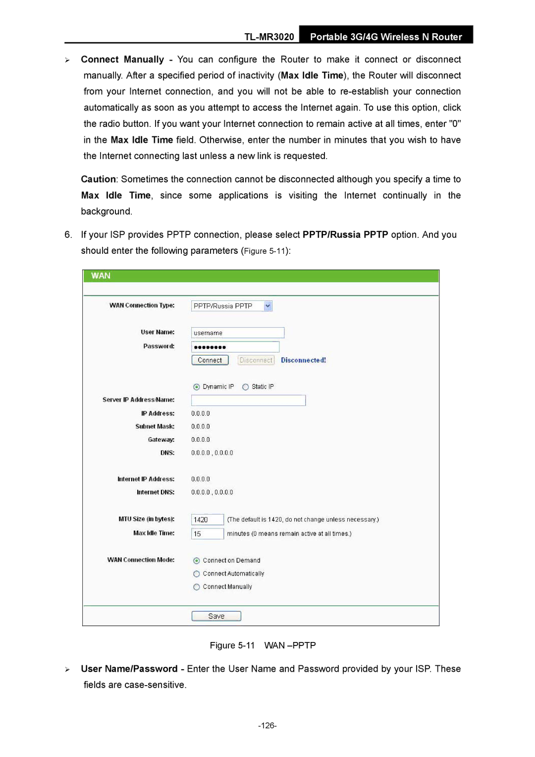 TP-Link TL-MR3020 manual Wan -Pptp 