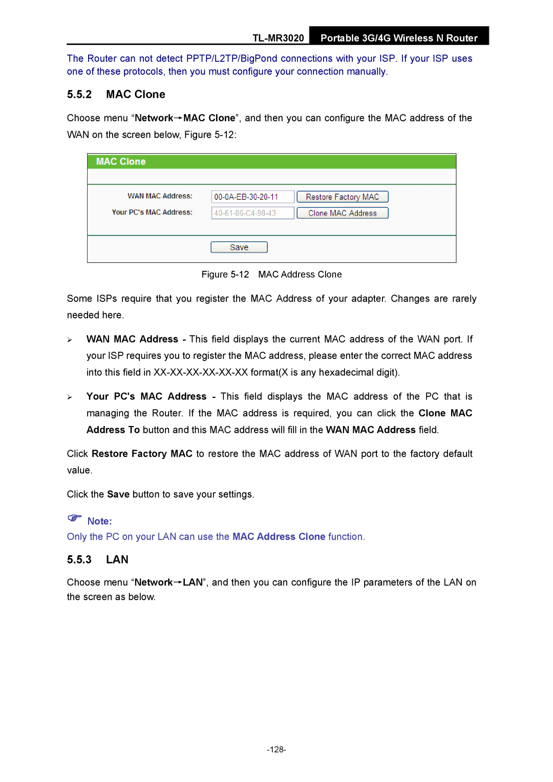 TP-Link TL-MR3020 manual 3 LAN, MAC Address Clone 