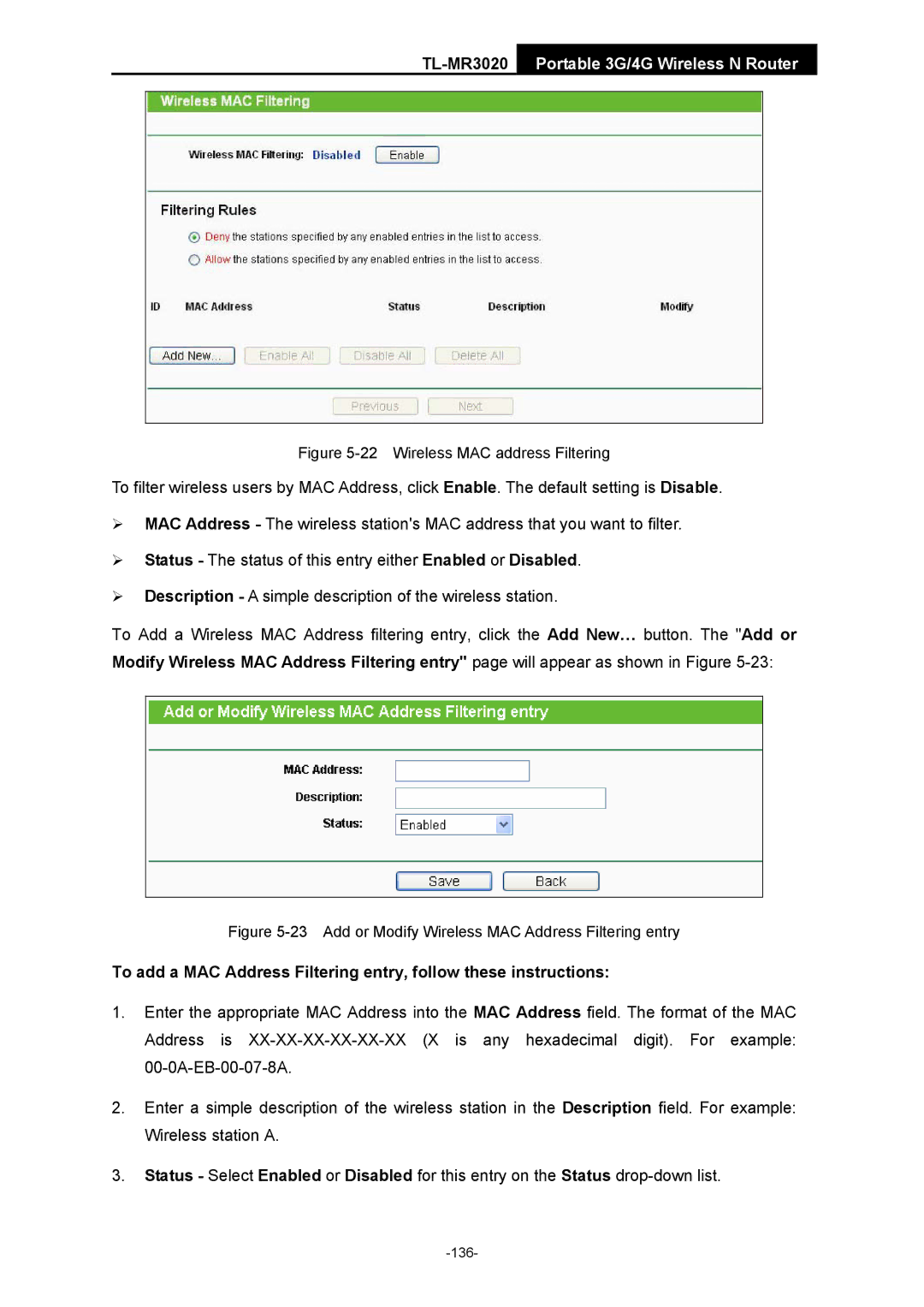 TP-Link TL-MR3020 manual Wireless MAC address Filtering 