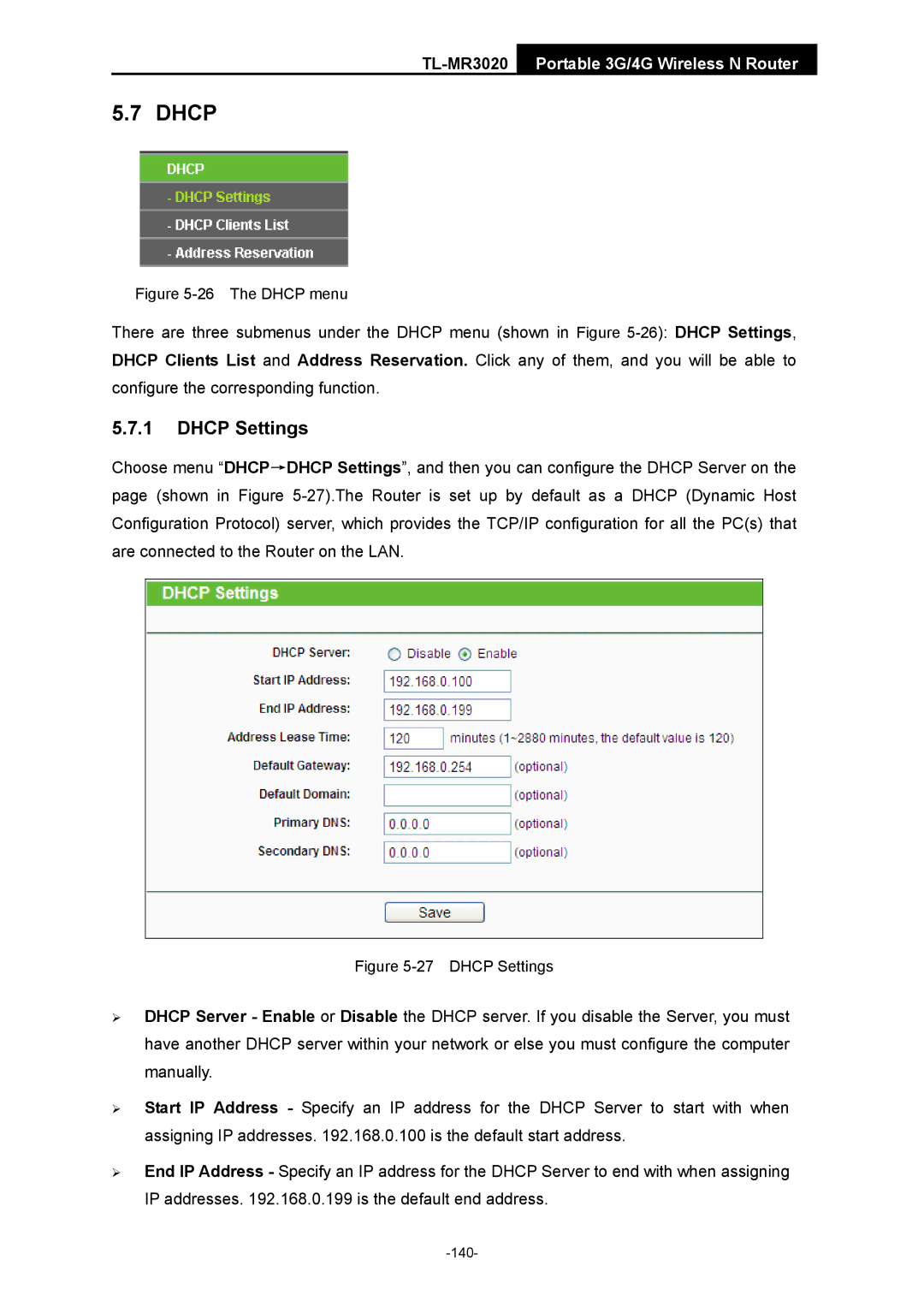 TP-Link TL-MR3020 manual The Dhcp menu 