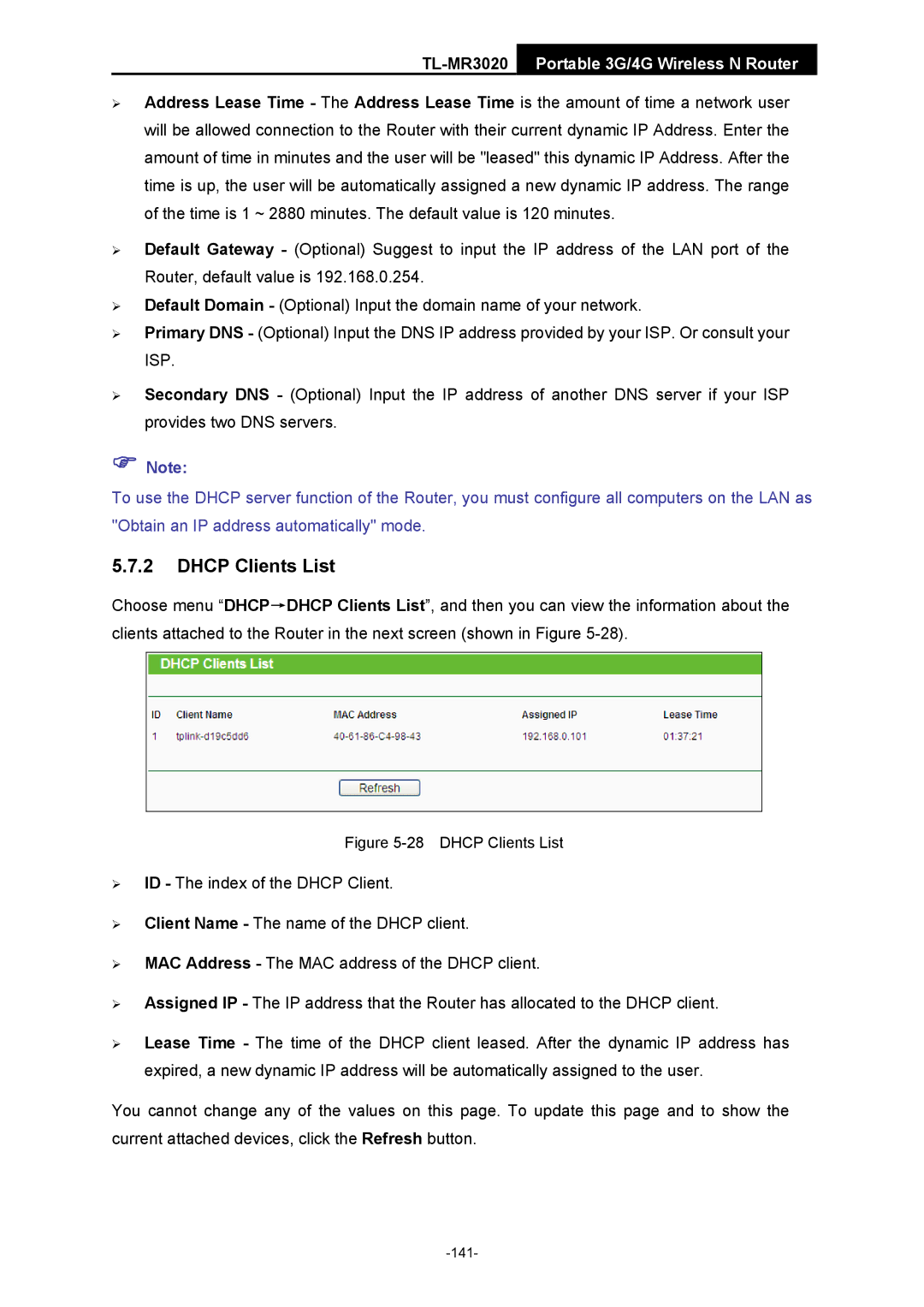 TP-Link TL-MR3020 manual Dhcp Clients List 