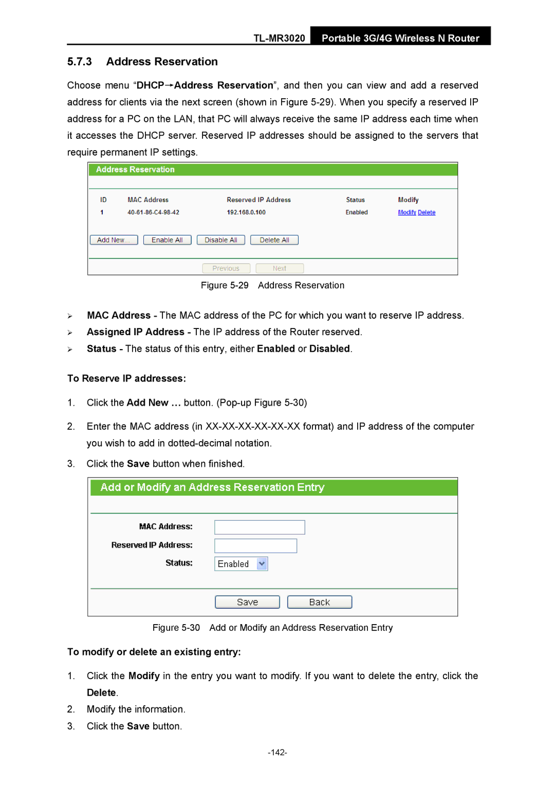 TP-Link TL-MR3020 manual Address Reservation 