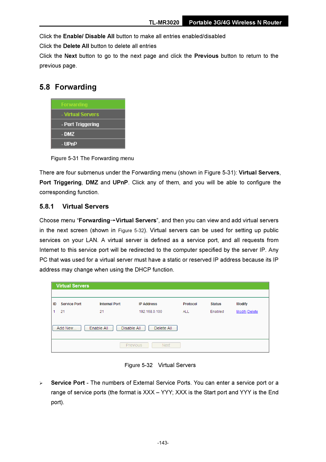 TP-Link TL-MR3020 manual The Forwarding menu 