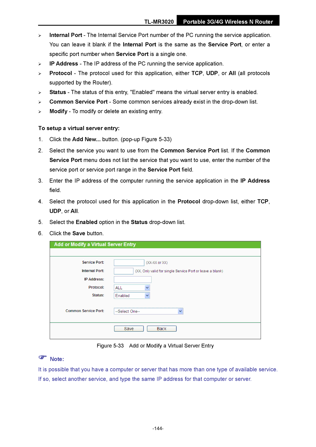 TP-Link TL-MR3020 manual Add or Modify a Virtual Server Entry 