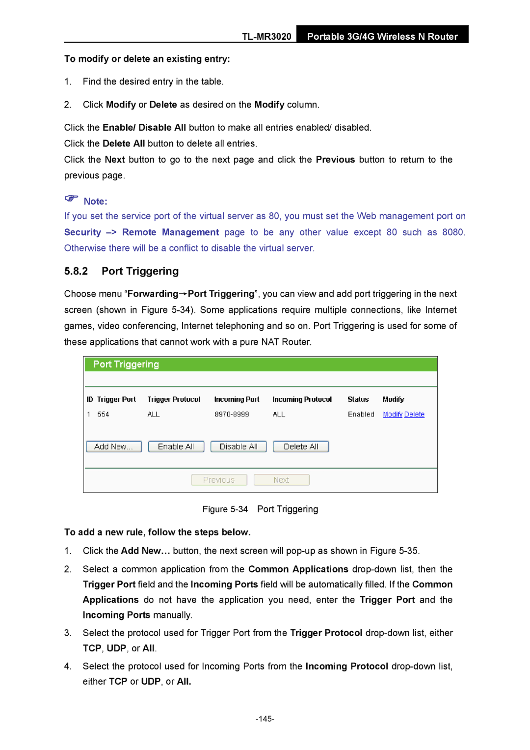 TP-Link TL-MR3020 manual 34Port Triggering 