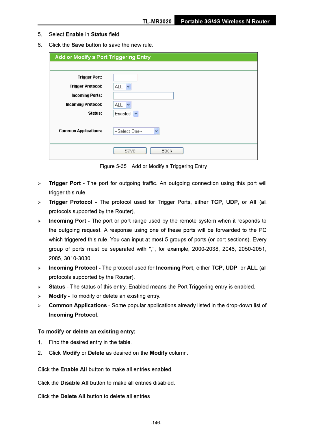 TP-Link TL-MR3020 manual Add or Modify a Triggering Entry 