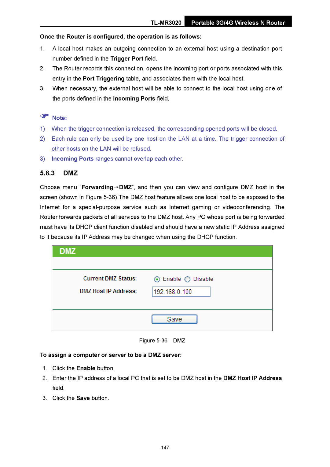 TP-Link TL-MR3020 manual Once the Router is configured, the operation is as follows, 36 DMZ 