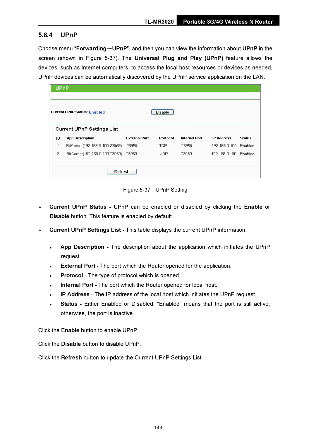 TP-Link TL-MR3020 manual UPnP Setting 