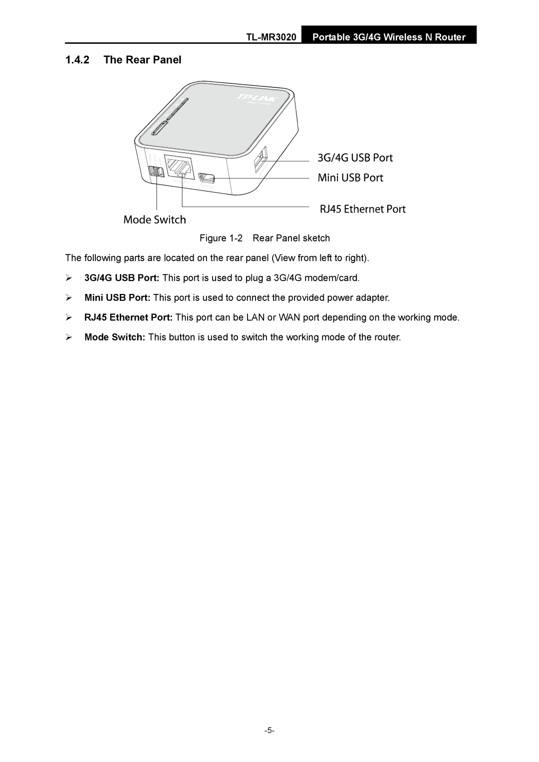 TP-Link TL-MR3020 manual Rear Panel 