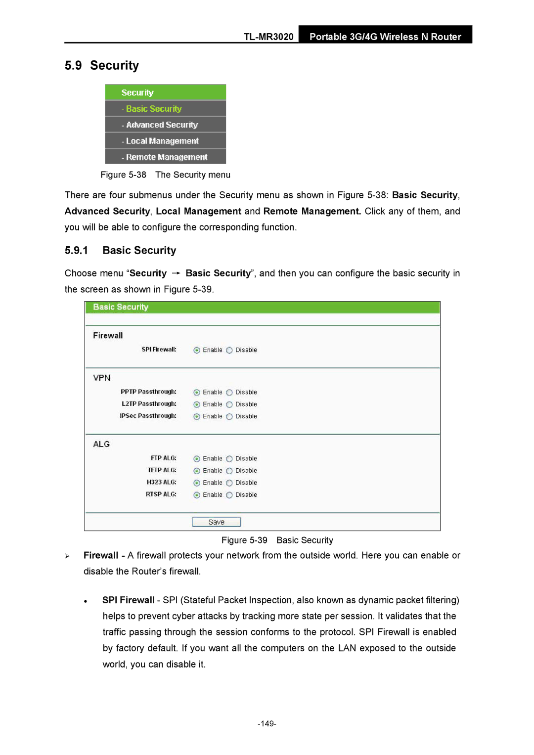 TP-Link TL-MR3020 manual The Security menu 