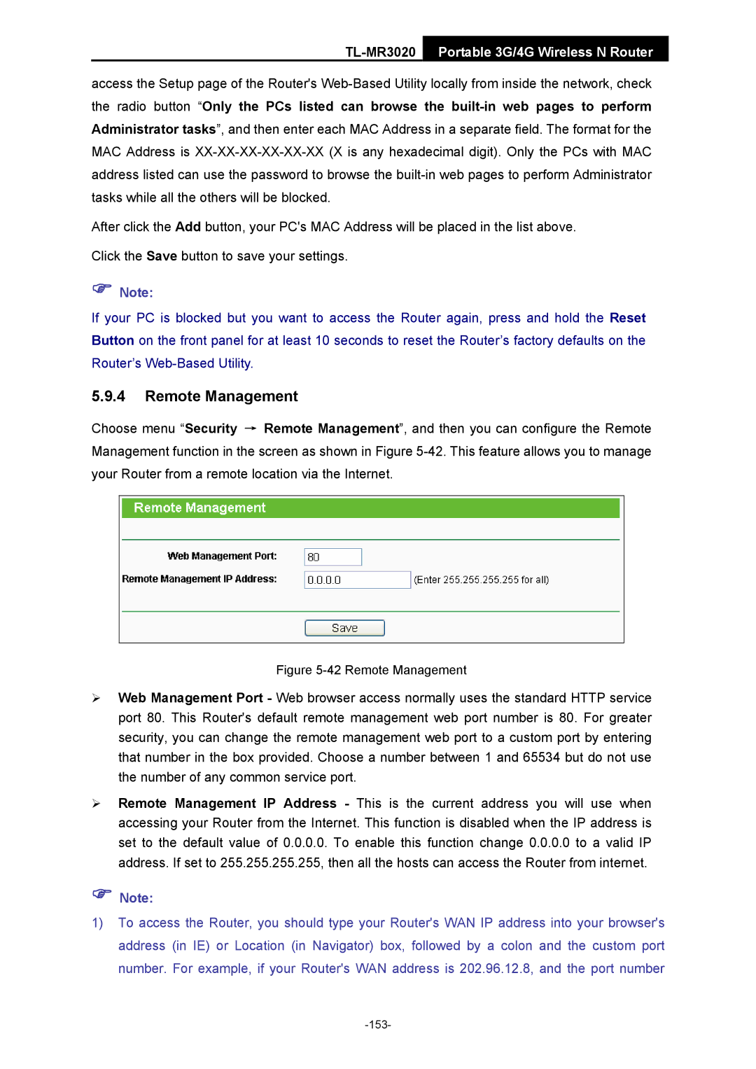 TP-Link TL-MR3020 manual Remote Management 