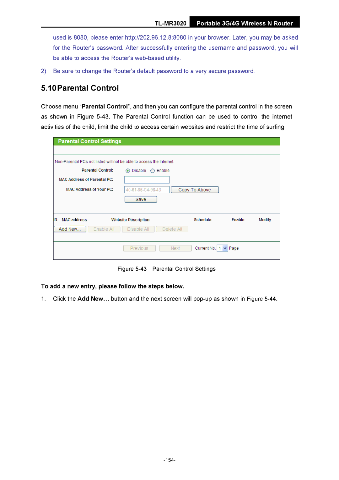 TP-Link TL-MR3020 manual Parental Control Settings 