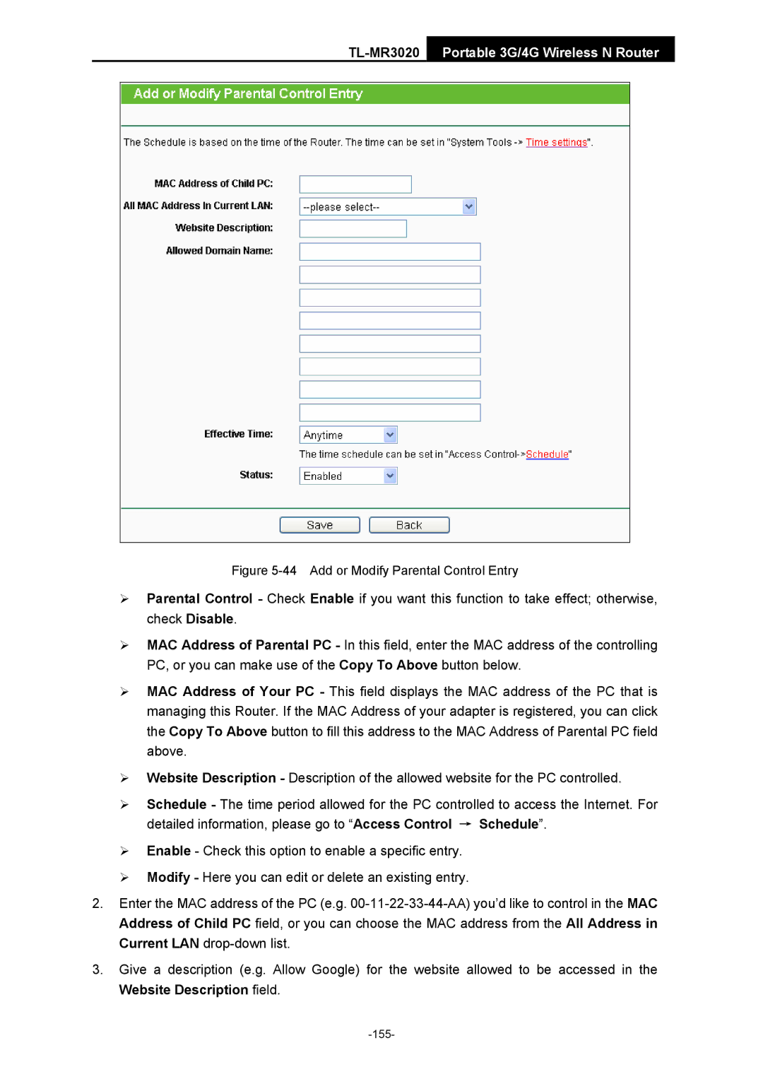 TP-Link TL-MR3020 manual Add or Modify Parental Control Entry 