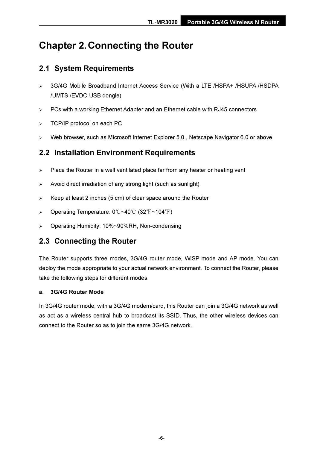 TP-Link TL-MR3020 System Requirements, Installation Environment Requirements, Connecting the Router, 3G/4G Router Mode 