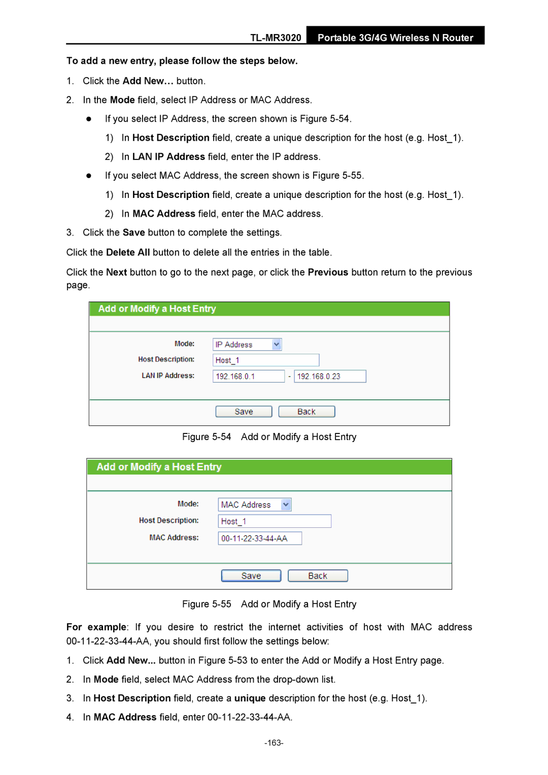 TP-Link TL-MR3020 manual Add or Modify a Host Entry 