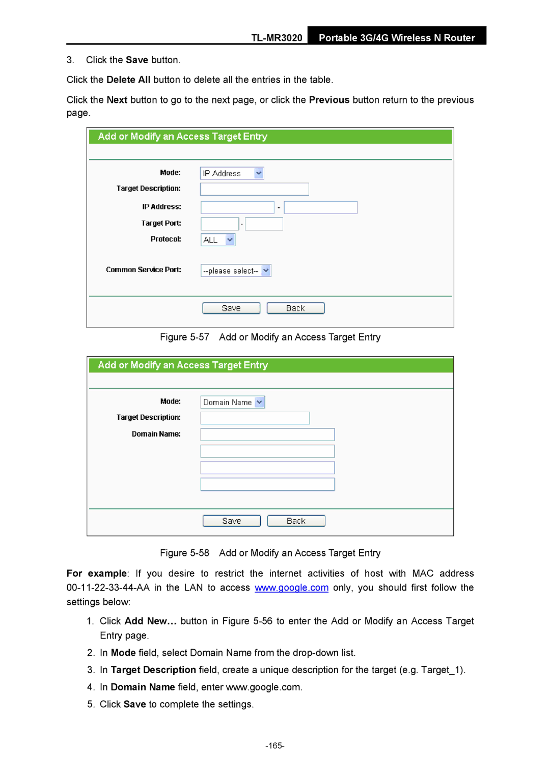 TP-Link TL-MR3020 manual Add or Modify an Access Target Entry 