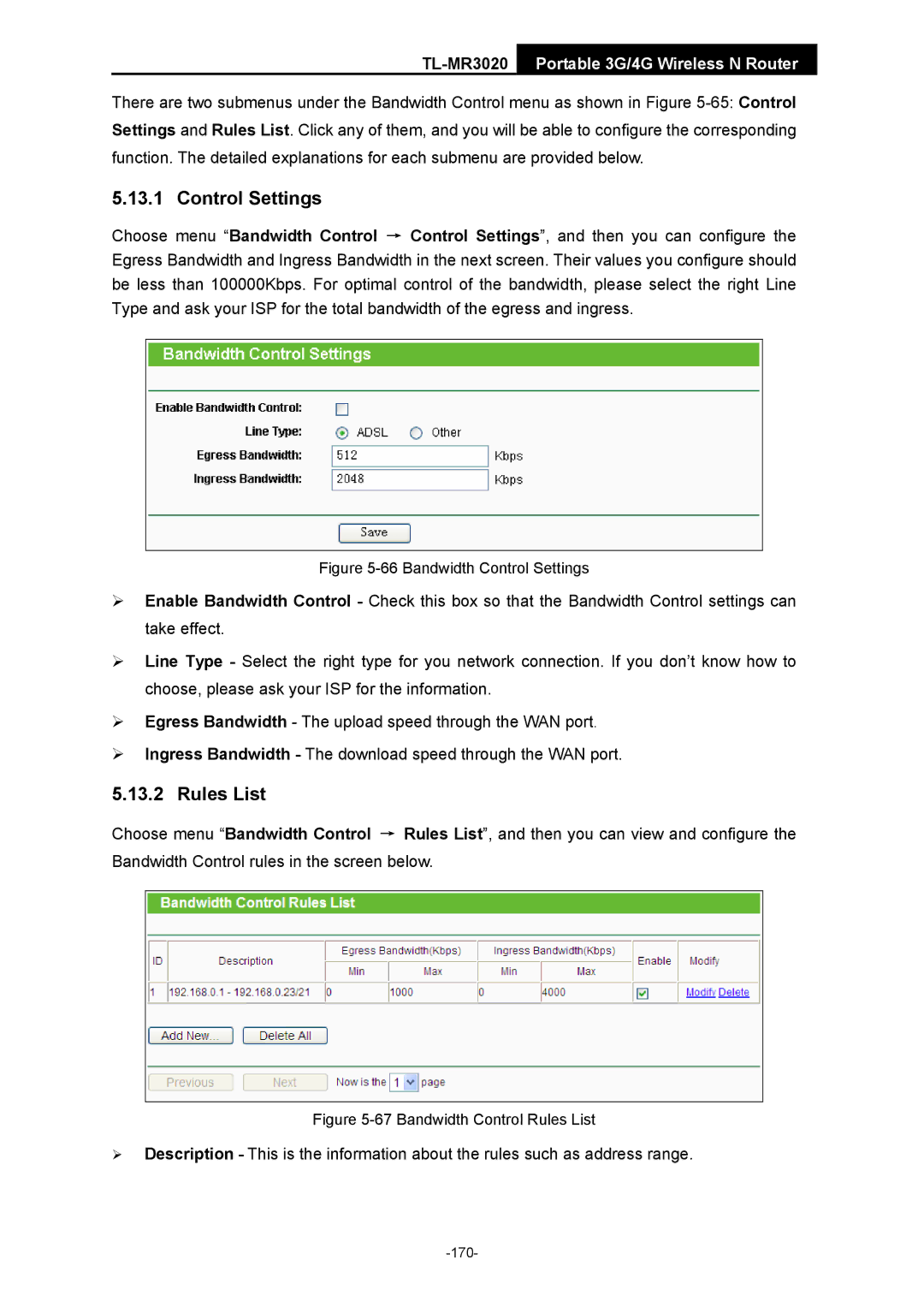 TP-Link TL-MR3020 manual Bandwidth Control Settings 