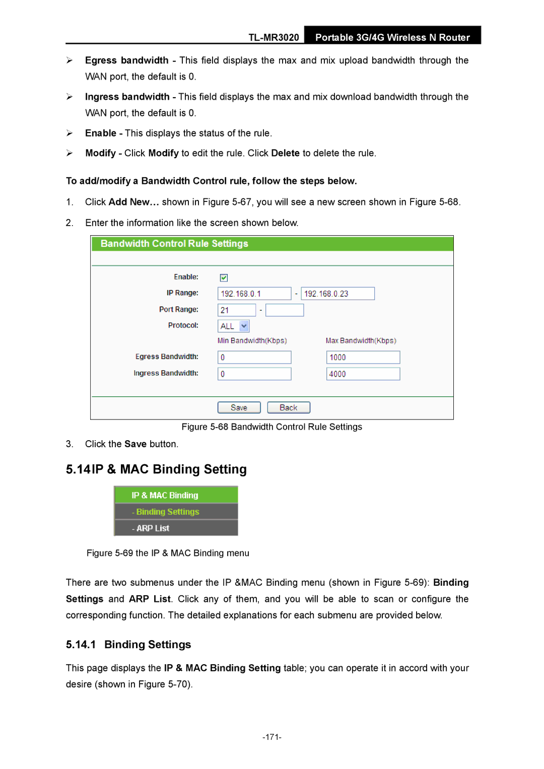 TP-Link TL-MR3020 manual 14IP & MAC Binding Setting, Bandwidth Control Rule Settings 