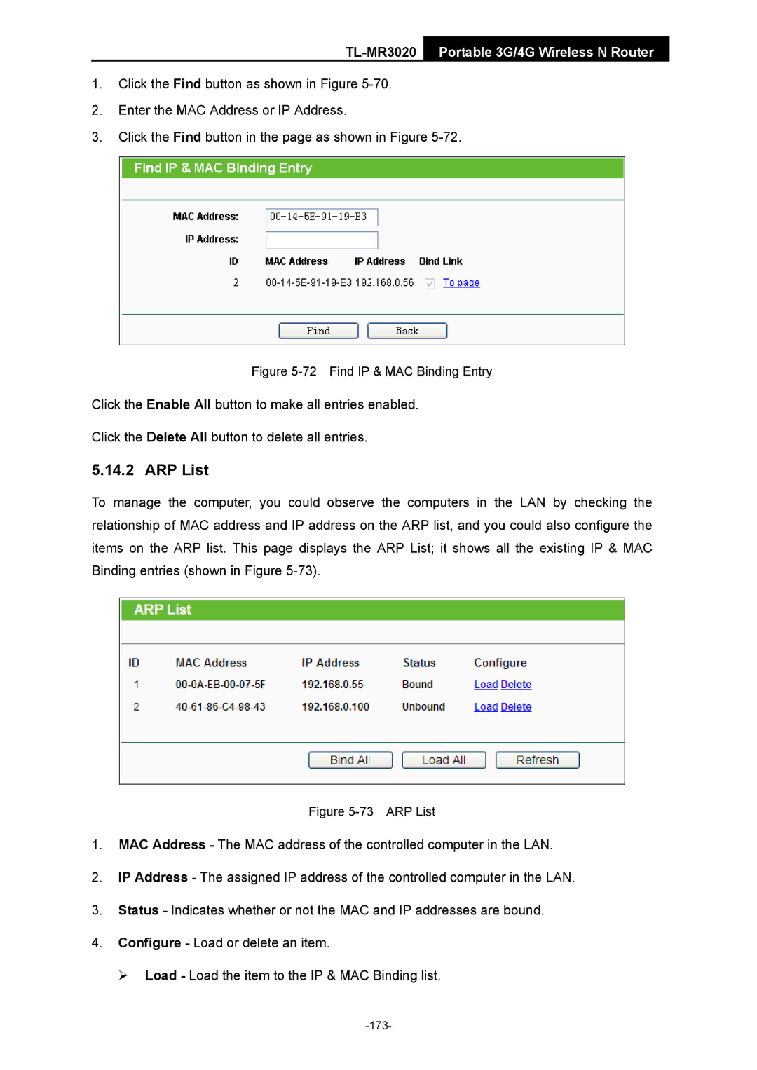 TP-Link TL-MR3020 manual Find IP & MAC Binding Entry 