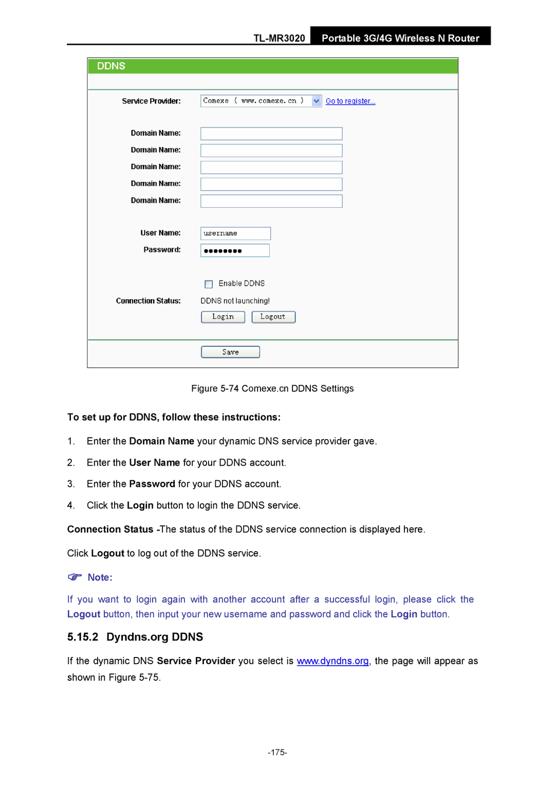 TP-Link TL-MR3020 manual Comexe.cn Ddns Settings 