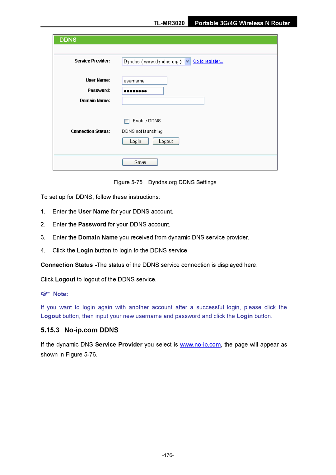 TP-Link TL-MR3020 manual Dyndns.org Ddns Settings 