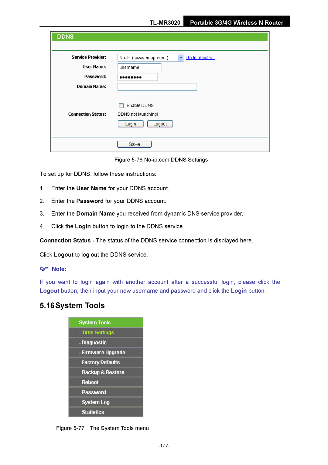 TP-Link TL-MR3020 manual The System Tools menu 