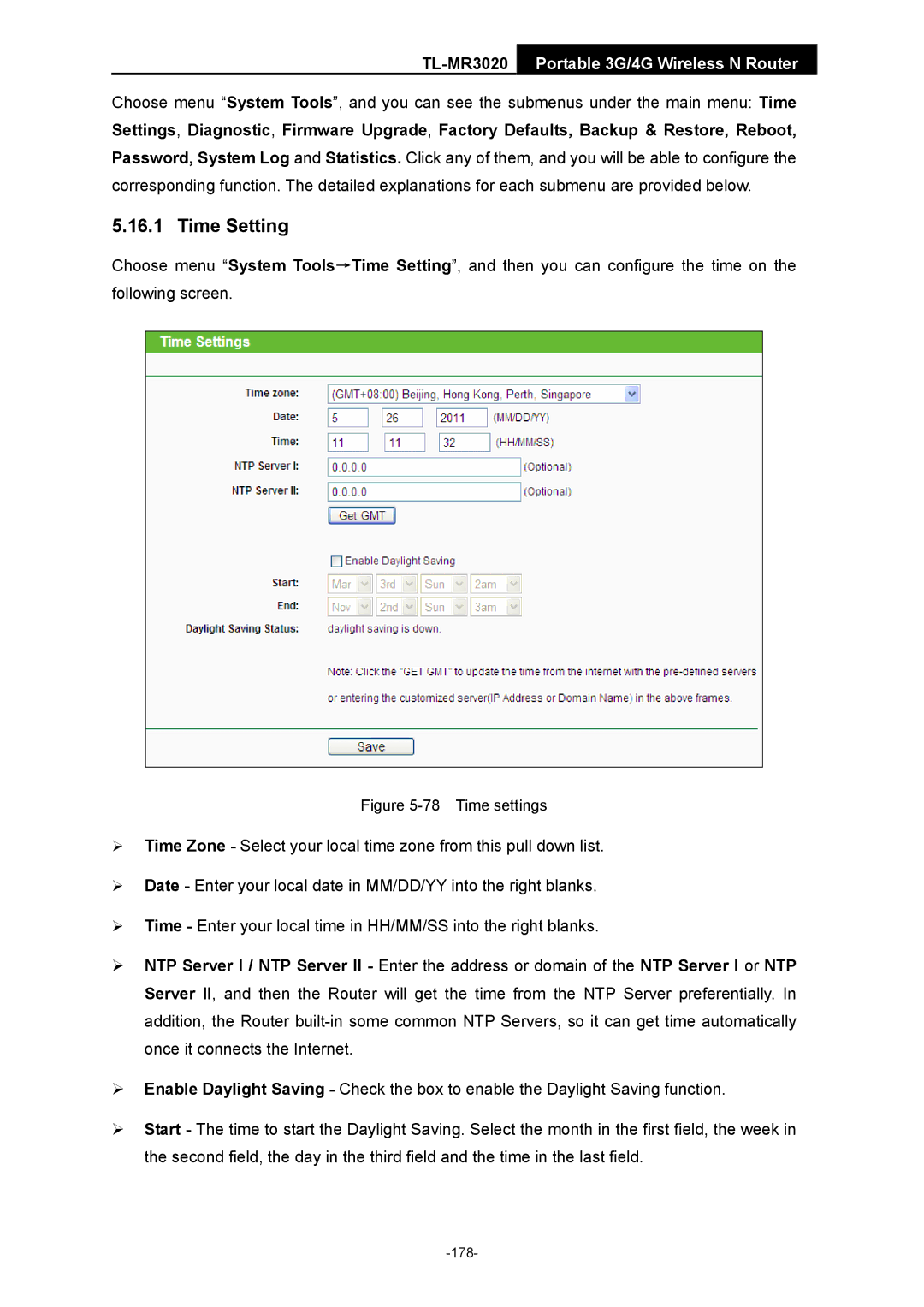 TP-Link TL-MR3020 manual Time Setting, Time settings 